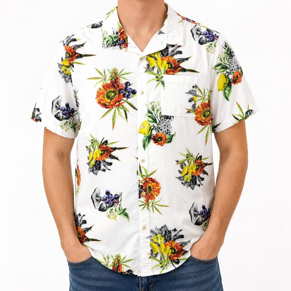 On The Byas Shirt Mens XL White Floral Cotton Short Sleeve Classic Camp